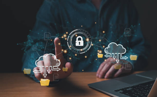 istock Business person migrate data and corporate information into cloud technology for data security and back up as disaster recovery site and prevent for cyber crime. Data inventory for enterprise. 1593337225