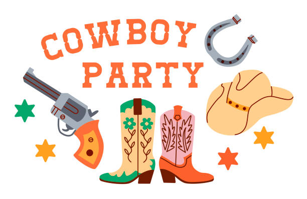 istock Horizontal banner template for cowboy party invitation decorated by boots, horseshoe, gun, hat. 1593337313