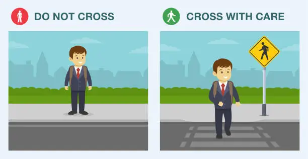 Vector illustration of Pedestrian safety rule. Cross only at designated crosswalks. School kid is crossing street on zebra crossing. Dangerous and safety crossing.