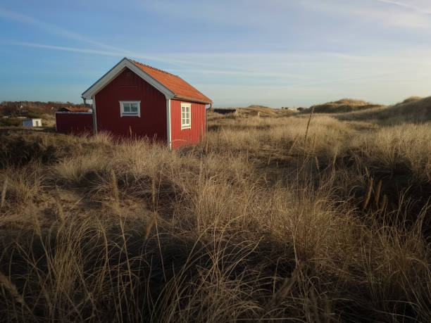 istock Red colour hut in the beach side grass. 1593343033