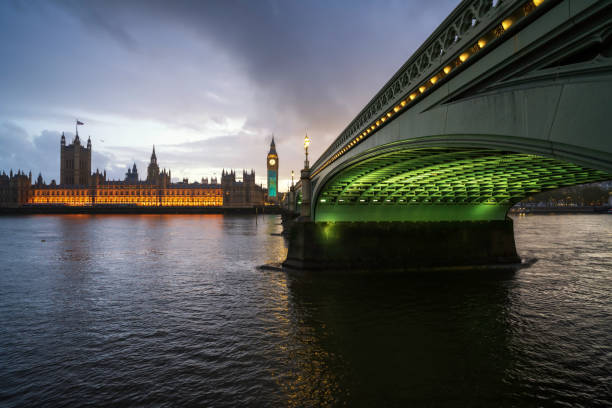 London skyline panoramic, panorama view of the Elizabeth Tower with Big Ben, the Great Bell of the Great Clock, at the Palace of Westminster in London, England, Great Britain, UK. Big Ben is a nickname for the Great Bell but is often used for the clock and the clock tower. Westminster Palace, is also known as the Houses of Parliament which houses the House of Commons and the House of Lords. The light show superimposed images on the Elizabeth Tower is to celebrate the coronation and is a major tourist attraction and a British, United Kingdom landmark. paisaje urbano de londres al atardecer sobre el río támesis con el palacio de westminster, el edificio del parlamento, los edificios de la ciudad y la torre del reloj big ben, que también se conoce como la torre elizabeth. con un espectáculo de luces e