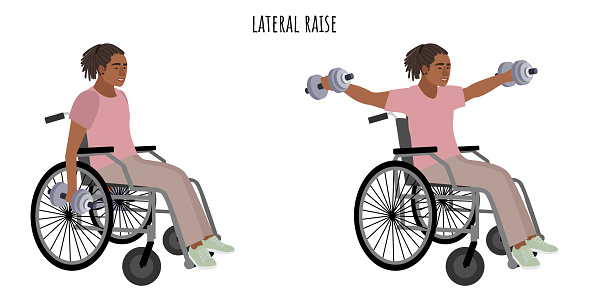 Disabled man doing lateral raise exercise. Inclusive sports for people with disabilities. Sport, wellness, workout, fitness. Flat vector illustration