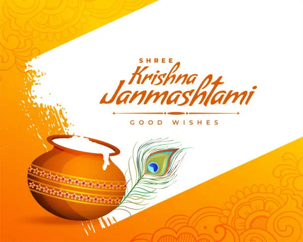 Vector illustration of happy krishna janmashtami festival card design with matki and peacock feather