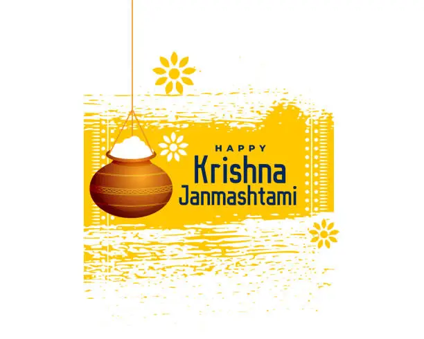 Vector illustration of happy krishna janmashtami greeting with hanging matki design