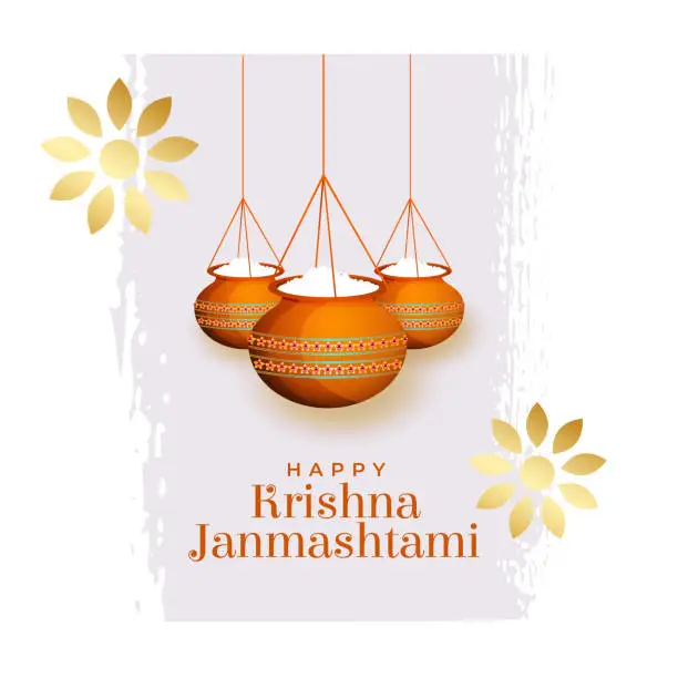 Vector illustration of krishna janmashtami festival card with hanging matki