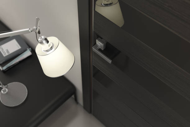istock Modern interior with black door close up. 3d illustration 1593371132