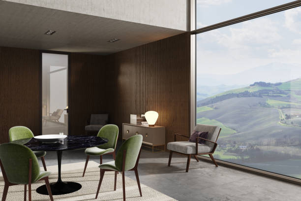 istock Modern interior design. Apartment with a large panoramic window. 3d illustration 1593371990