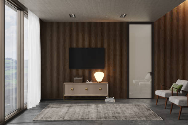 istock Modern interior design. Luxury apartment with large panoramic window. 1593372499