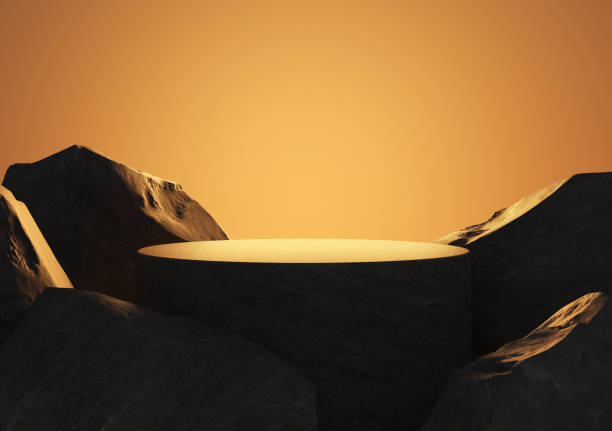 istock Empty stone podium for display product or showcase. Black stones and rocks at sunset. 1593374567