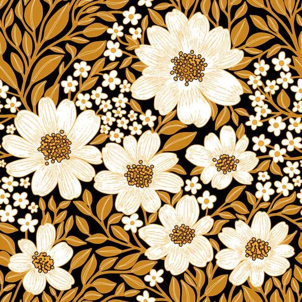 Vector illustration of Floral Seamless Pattern of White Flowers and Yellow Leaves on Black Backdrop