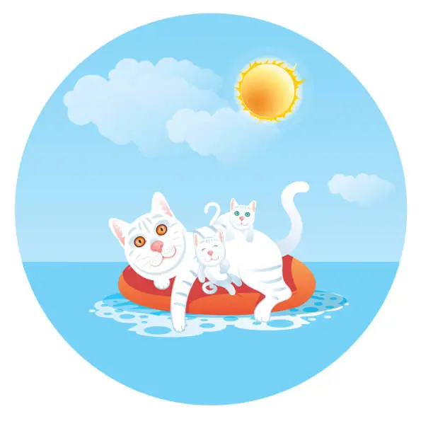 Vector illustration of Cat Swimming in the Sea and her kittens