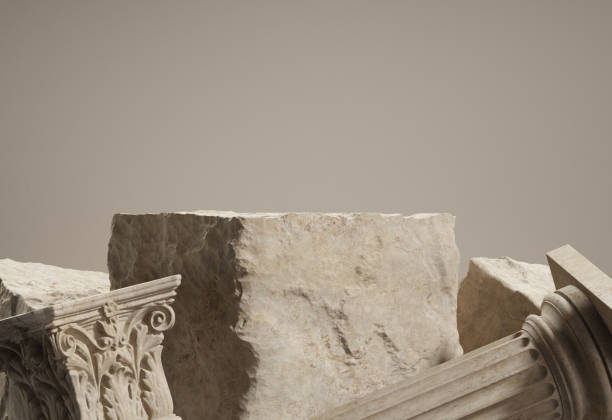 istock Stone slabs for product demonstration. Antique columns as decoration. 1593378776