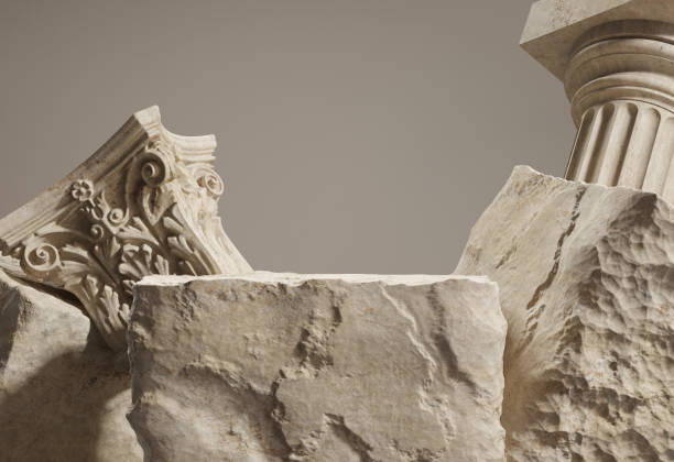 Stone slab for product demonstration with antique columns. Empty stone podium for display product or showcase.
