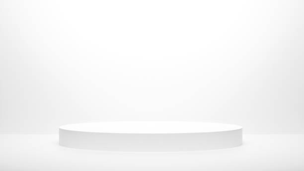 istock White podium or White circle platform on the Studio bright lighting, Concept of Minimal and clean for placing products, 3D rendering image. 1593383005