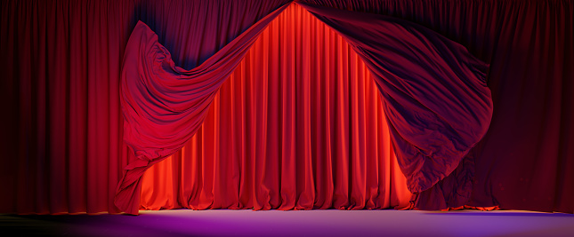 Theater stage with colour lightings. Theater curtains in motion. 3d illustration