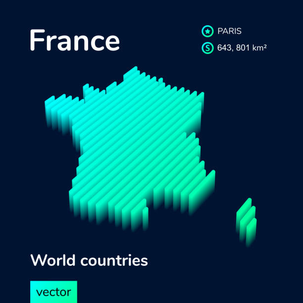 Stylized striped vector isometric 3d map of France. Stylized striped vector isometric 3d map of France. Map of France is in neon green and mint colors on the dark blue background neon turquoise stock illustrations