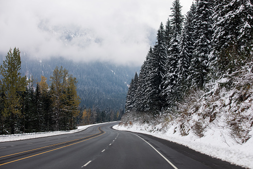 Windy mountain road in winter, Stevens Pass, WA