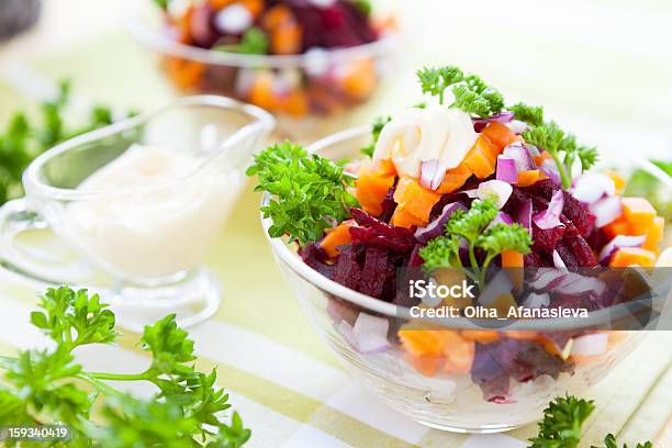 Salad With Baked Vegetables And Herring Stock Photo - Download Image Now - Baked, Carrot, Common Beet