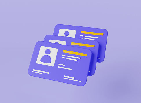 3d icon rendering illustration of Id card floating on purple background. Identification card icon, driver license, doctor ID card template, medical identity badge, identity verification, person data