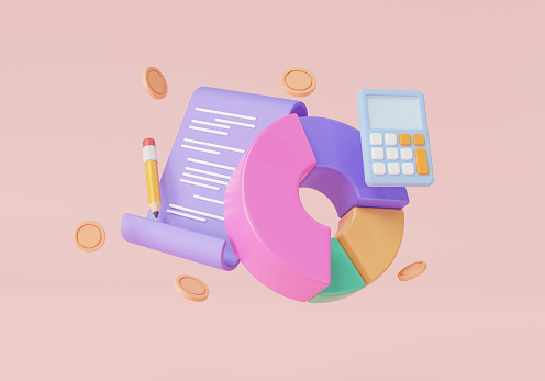 Business financial chart with calculator and financial report statement. Financial development, Financial analysis, statistics, budget management. Accounting concept. 3d icon render illustration