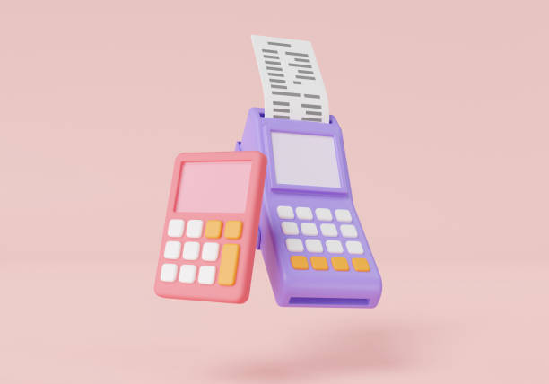 istock Pos terminal and calculator. payment concept. payment machine, electronic bill payment, invoice, business and finances counting and managing, money transactions. 3d icon rendering illustration 1593404941
