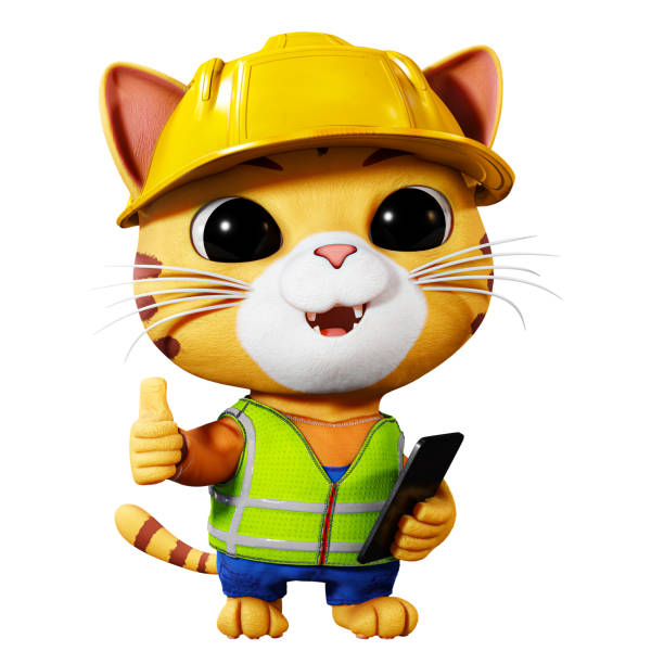 Mascot cat in a hard hat and safety gear, utilizing a tablet computer in a 3D rendering that makes him look like a heavy industry engineer