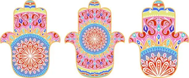 Vector illustration of Hamsa with round ethnic pattern