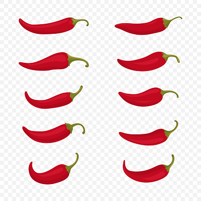 Flat Vector Red Whole Fresh and Hot Chili Pepper Icon Set Closeup Isolated. Spicy Chili Hot or Bell Pepper Collection, Design Templates. Front View. Vector Illustration.