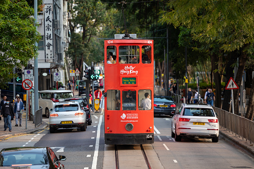 Hong Kong - March 8, 2023 : People are taking a tram with \