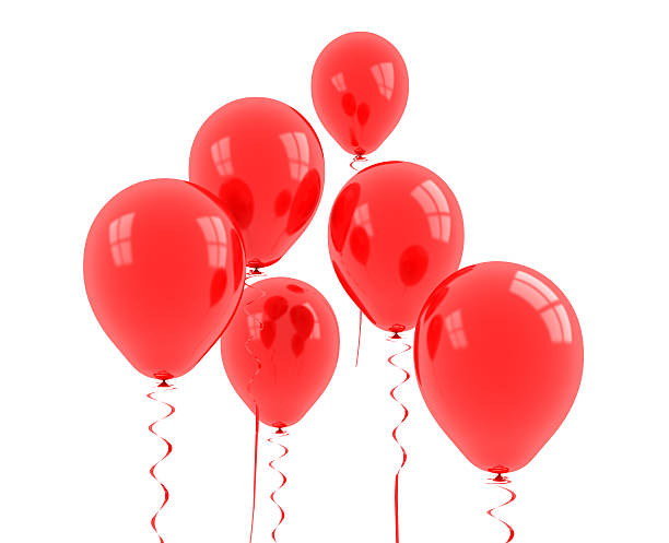 istock Six red balloons with red ribbon dangling from them  159345208