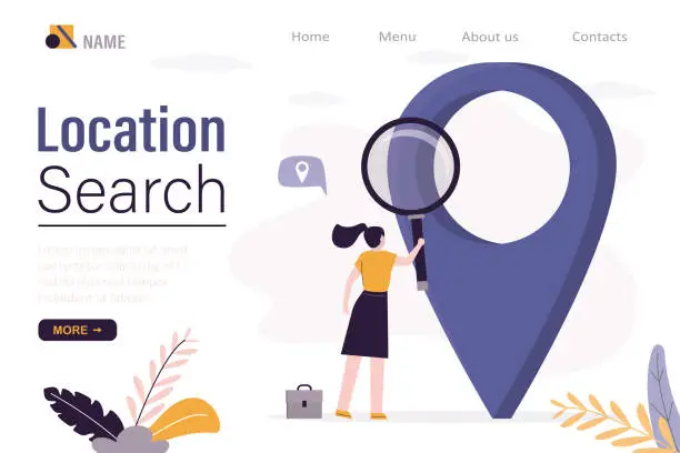 Vector illustration of Smart businesswoman uses magnifying glass and search location pin. Location search for business address, landing page template.