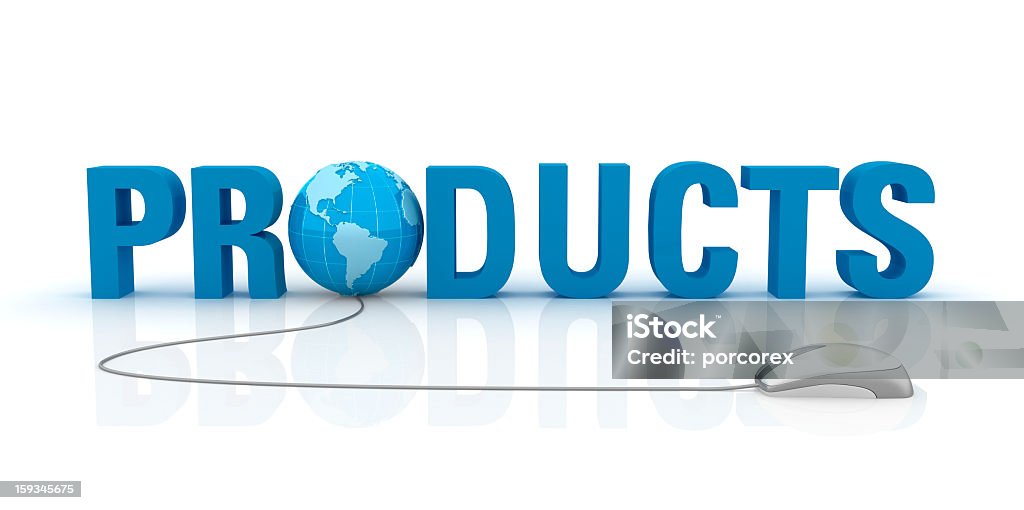 Products Text with Earth Globe and Computer Mouse Blue Stock Photo