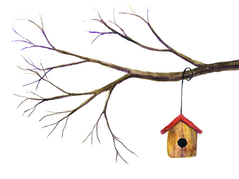 watercolor birdhouse hanging on branch.isolated white background.