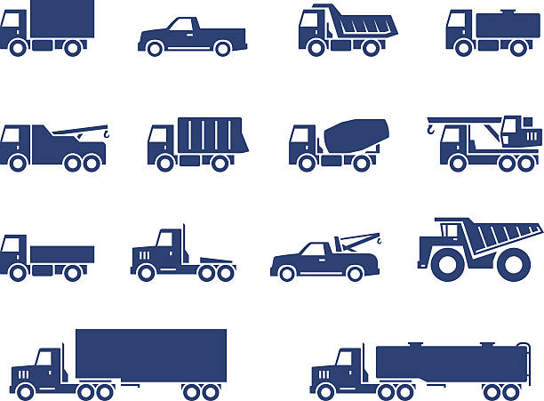 ikony zestaw samochodów ciężarowych - truck fuel tanker oil semi truck stock illustrations