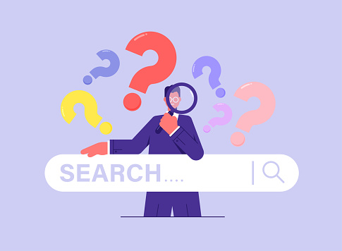 Concept of business metaphor for search or research, development, businessman looking through magnifying glass with question marks sign and search bar