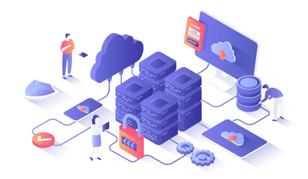 Vector illustration of Data Center Cloud Services Information processing, hosting, provider, storage, networking, management and distribution of data. Isometry illustration with people scene for web graphic.