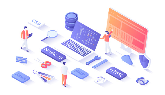 Full Stack Developer. Programmer who can work with software and hardware part of the service Back-end and user interface Front-end. Isometry illustration with people scene for web graphic.