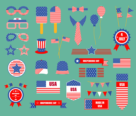 The flag of the United States of America, USA national symbols. Vector illustration set.