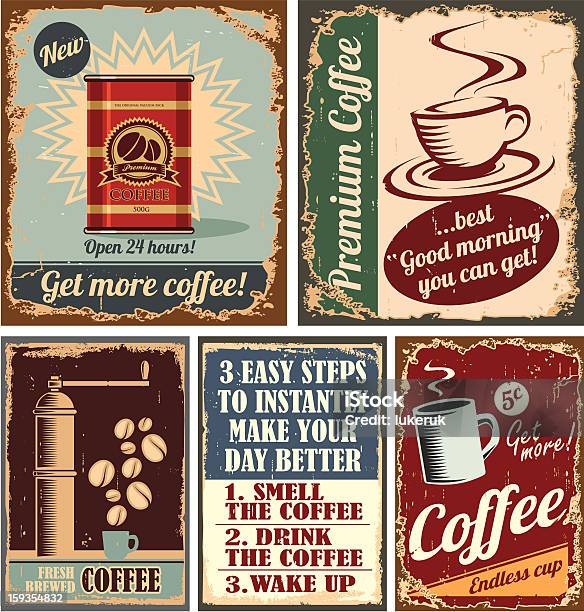 Vintage Coffee Posters And Metal Signs Stock Illustration - Download Image Now - Coffee - Drink, Retro Style, Cafe