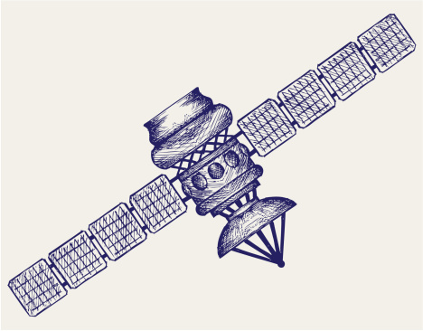 Satellite with dish antenna. Doodle style