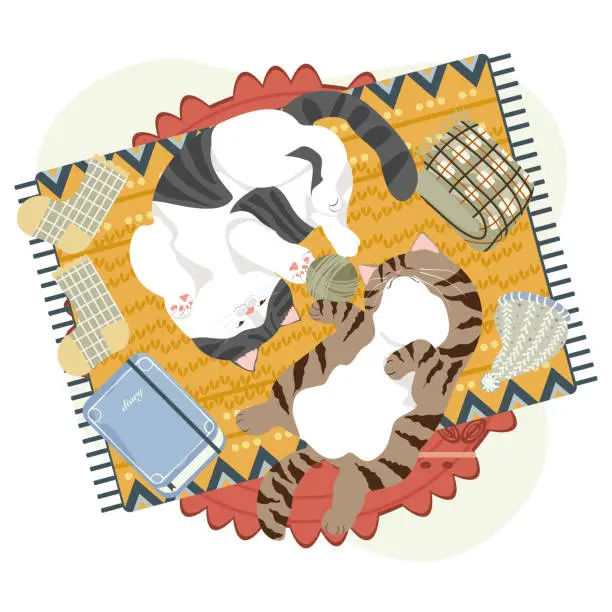 Vector illustration of Two cute cats lying on the carpet in bright colors vector flat isolated on a white background.