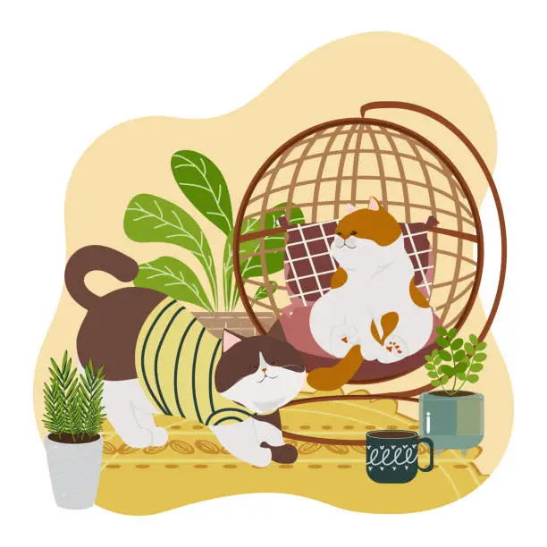 Vector illustration of Two cute cats playing in a cozy house vector flat style isolated on a white background.