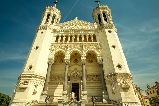 Lyon, France - May 10, 2022 : Beautiful panoramic  view of the famous Basilica Fourviere of Lyon