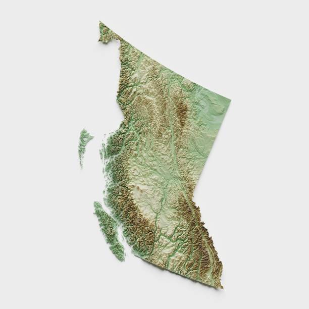 columbia británica, canadá mapa de relieve topográfico - render 3d - british columbia british columbia glacier national park canada geology fotografías e imágenes de stock