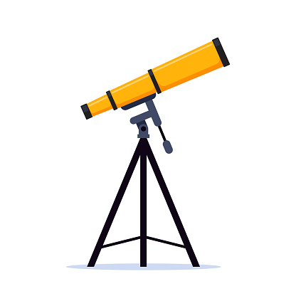 Optical device to explore, discover galaxy, cosmos, space. Telescope on tripod. Modern portable three legged telescope, astronomer equipment. Vector illustration