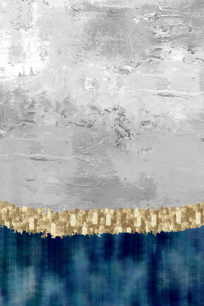 istock Modern canvas art wall decor. paint gray and blue background. golden shape, boho minimal interior wall decor 1593673128