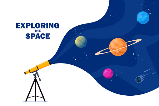Astronomical telescope looks into space. Space. Planets, stars and comets through a telescope. Vector flat illustration