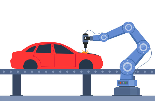 Process of automated car production. Wehicle parts on the machinery line with robotic hands. Assembly line at an automobile factory. Vector illustration