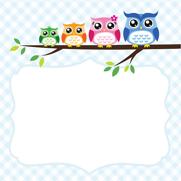 ilustraciones, imágenes clip art, dibujos animados e iconos de stock de ilustración de búho familia - owl baby shower spring young animal