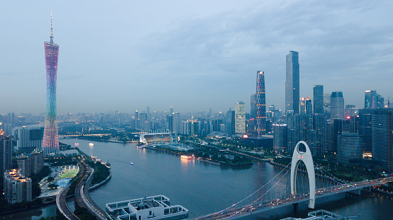 Drone shot of Canton Tower, Liede bridge and Zhujiang new town.